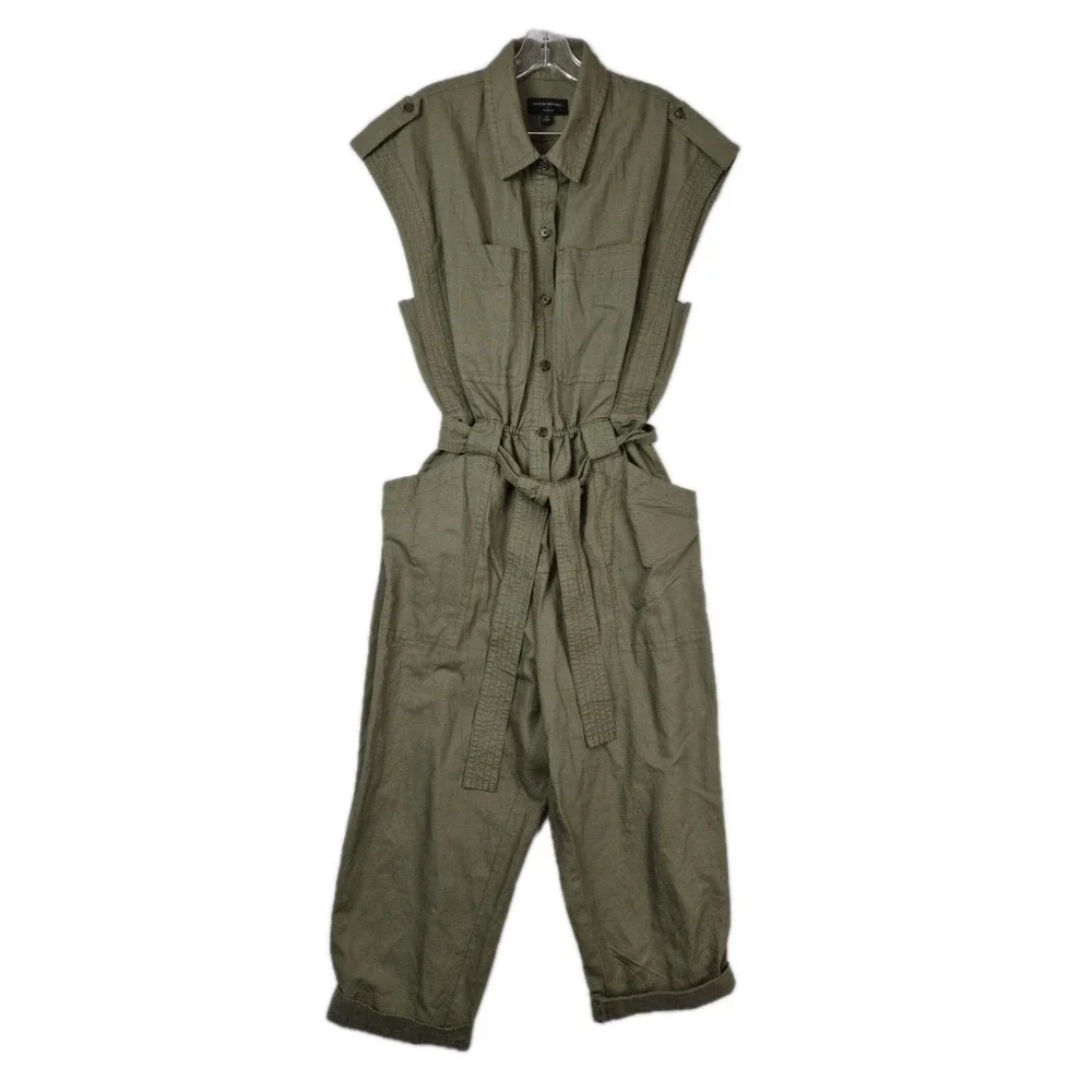 Banana Republic Womens Linen Blend Utility Jumpsuit Green Safari Casual NWOT